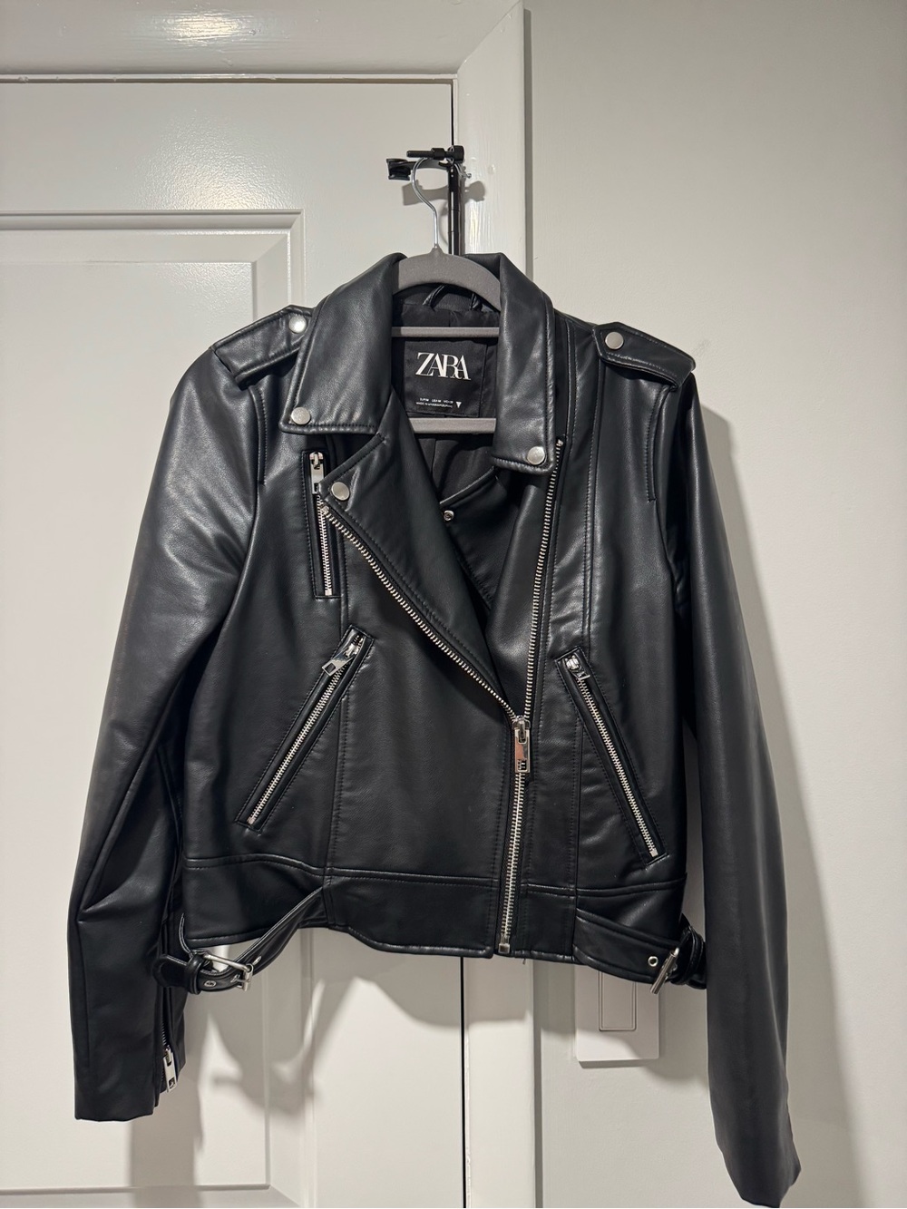 ZARA Black Faux Leather Biker Jacket with Silver Hardware